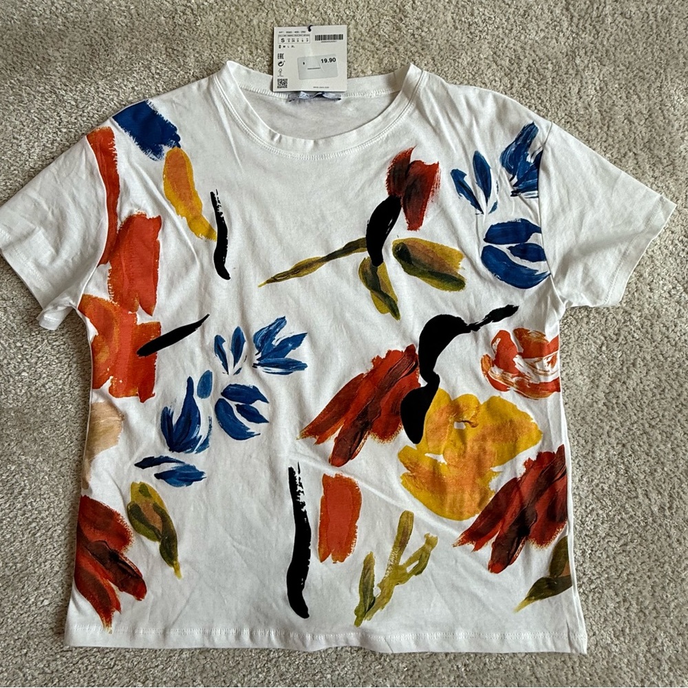Zara White Tee with Colorful Brush Strokes